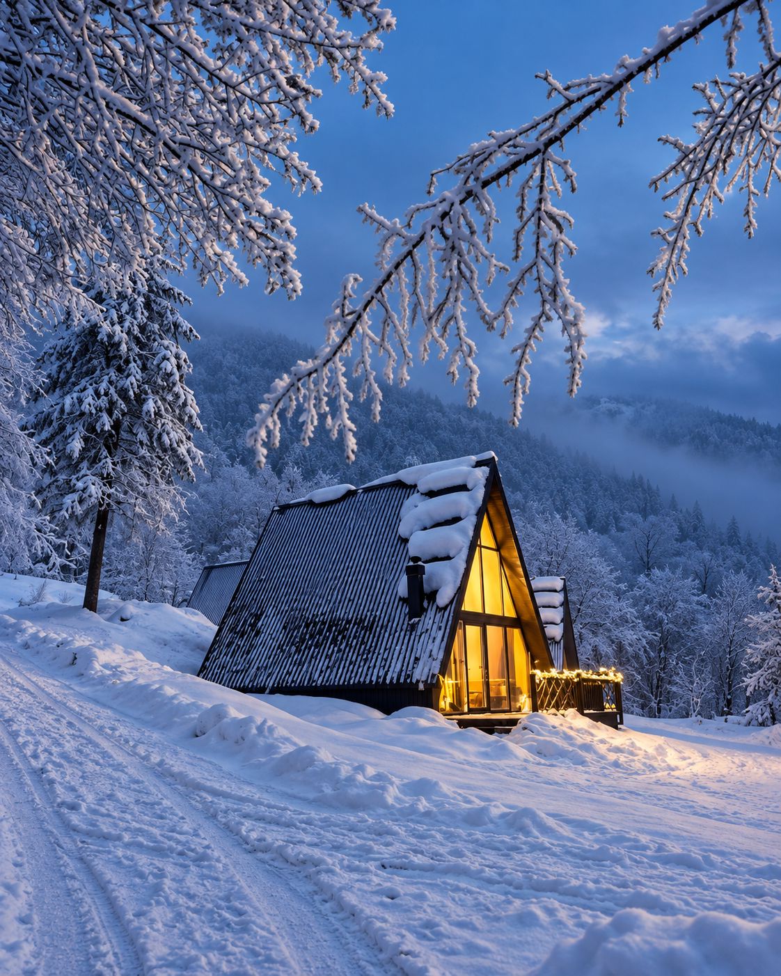 A snow-covered cabin with a sloped roof, surrounded by snow-laden trees and a mountain backdrop.