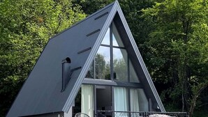Uma casa moderna em formato triangular, com grandes janelas, varanda e uma floresta verde exuberante ao redor.
