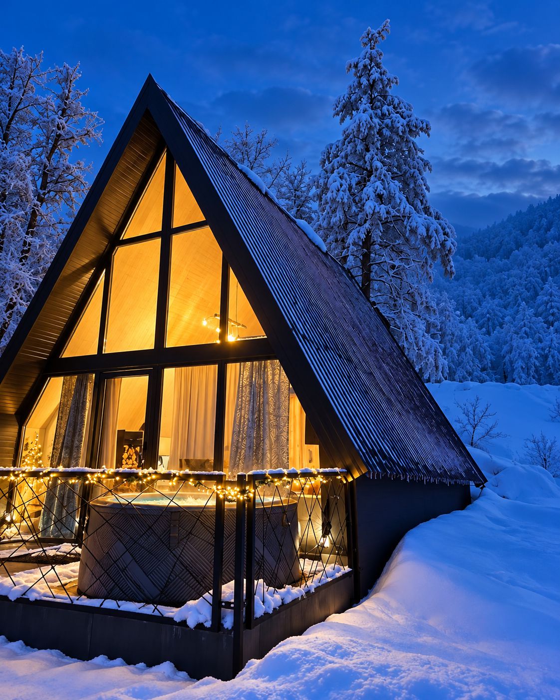 A cabin with a large window, a hot tub, and snow-covered trees in the background.