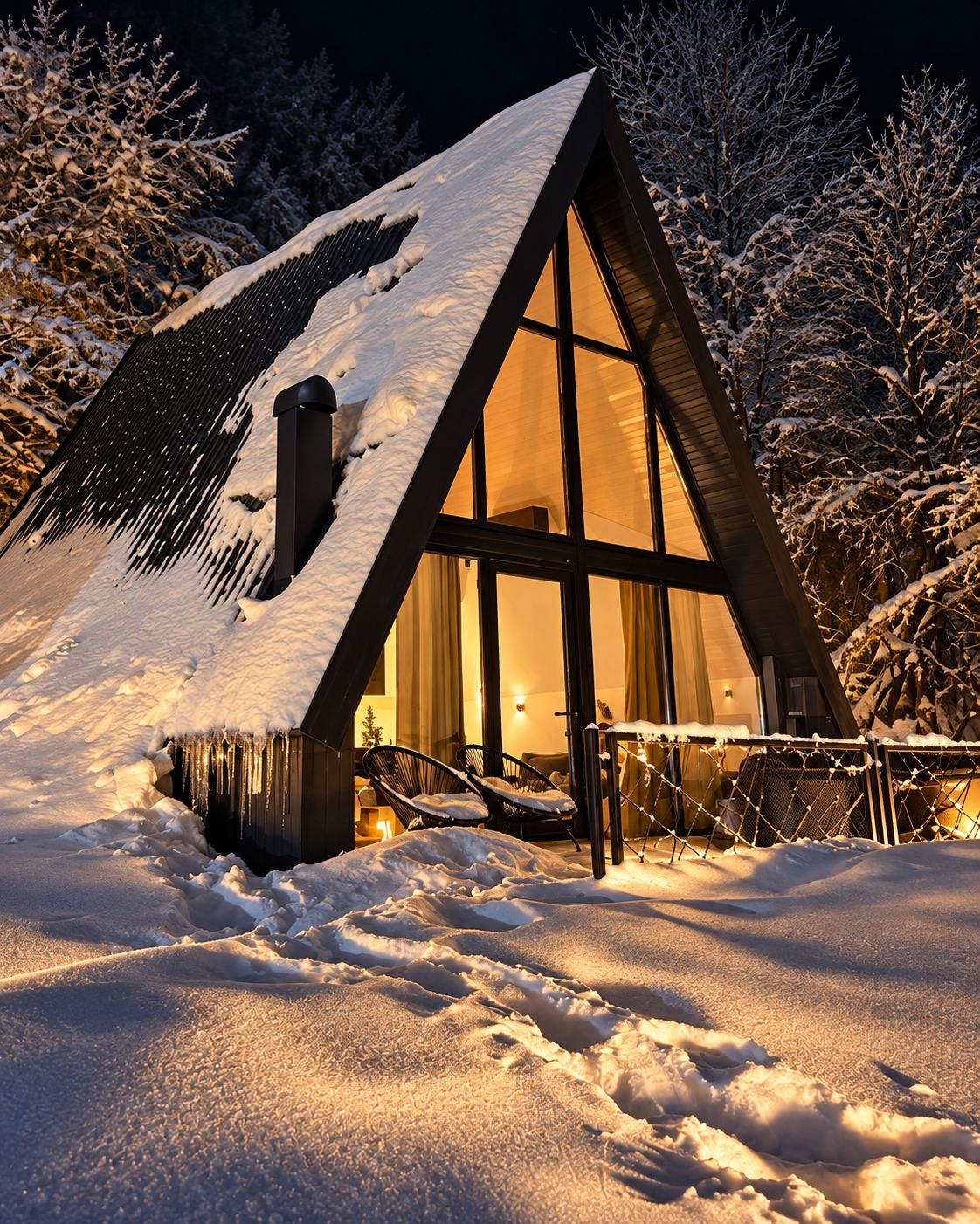 Ein mit Schnee bedecktes Holzhaus mit einem dreieckigen Dach, großen Fenstern und einem Holzzaun.