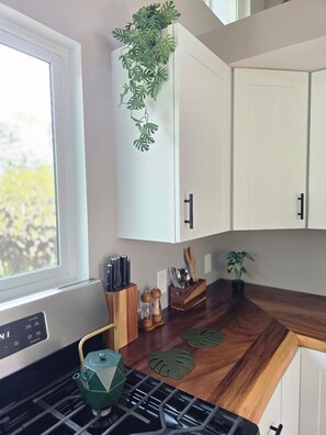 Eine Küche mit weißen Schränken, einem Fenster, einem Herd und einer Pflanze an der Wand.