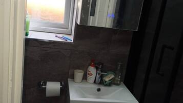 A bathroom with a toilet, a sink, a mirror, and a window.