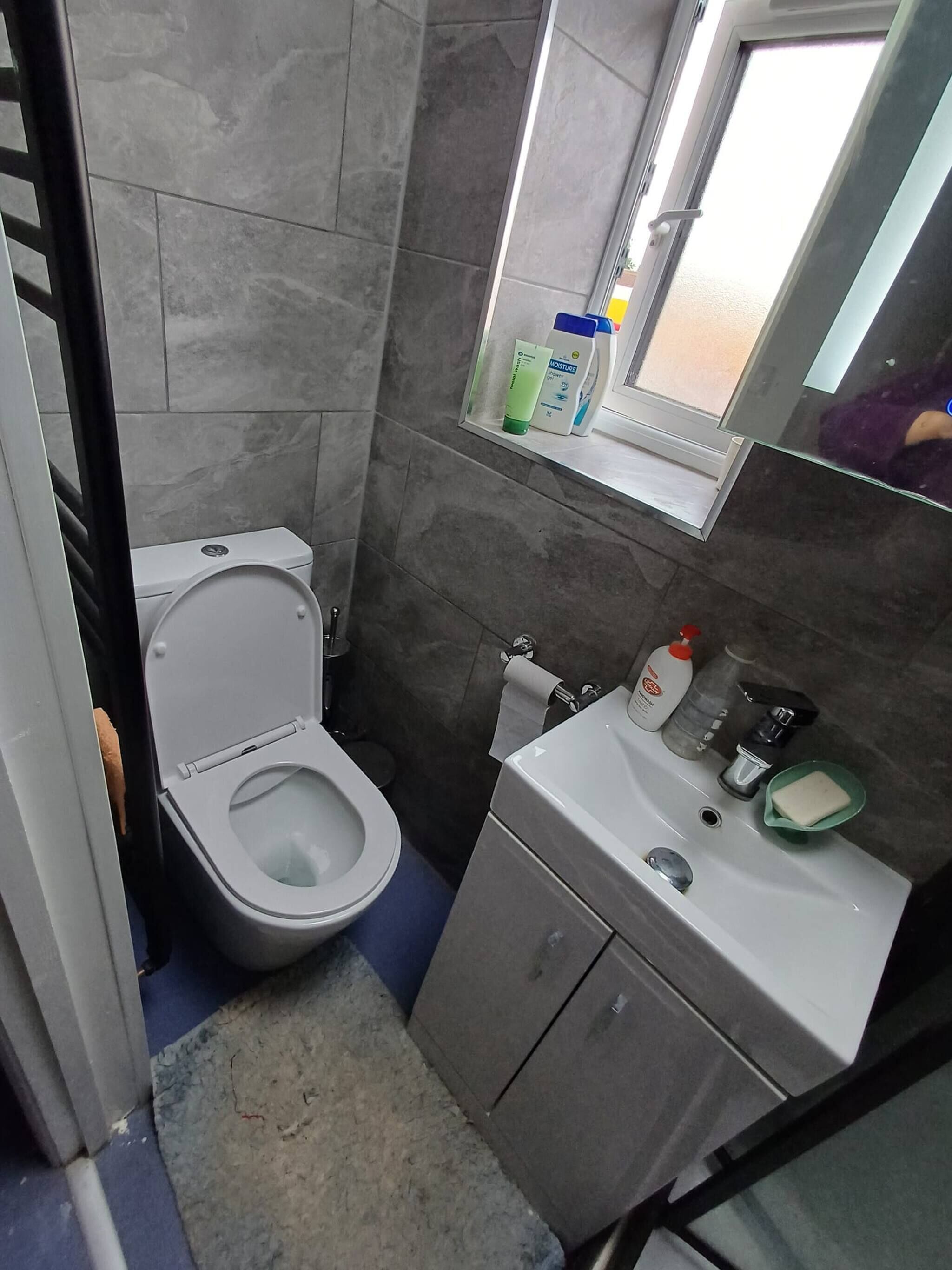 Uma casa de banho pequena com sanita, lavatório e espelho.