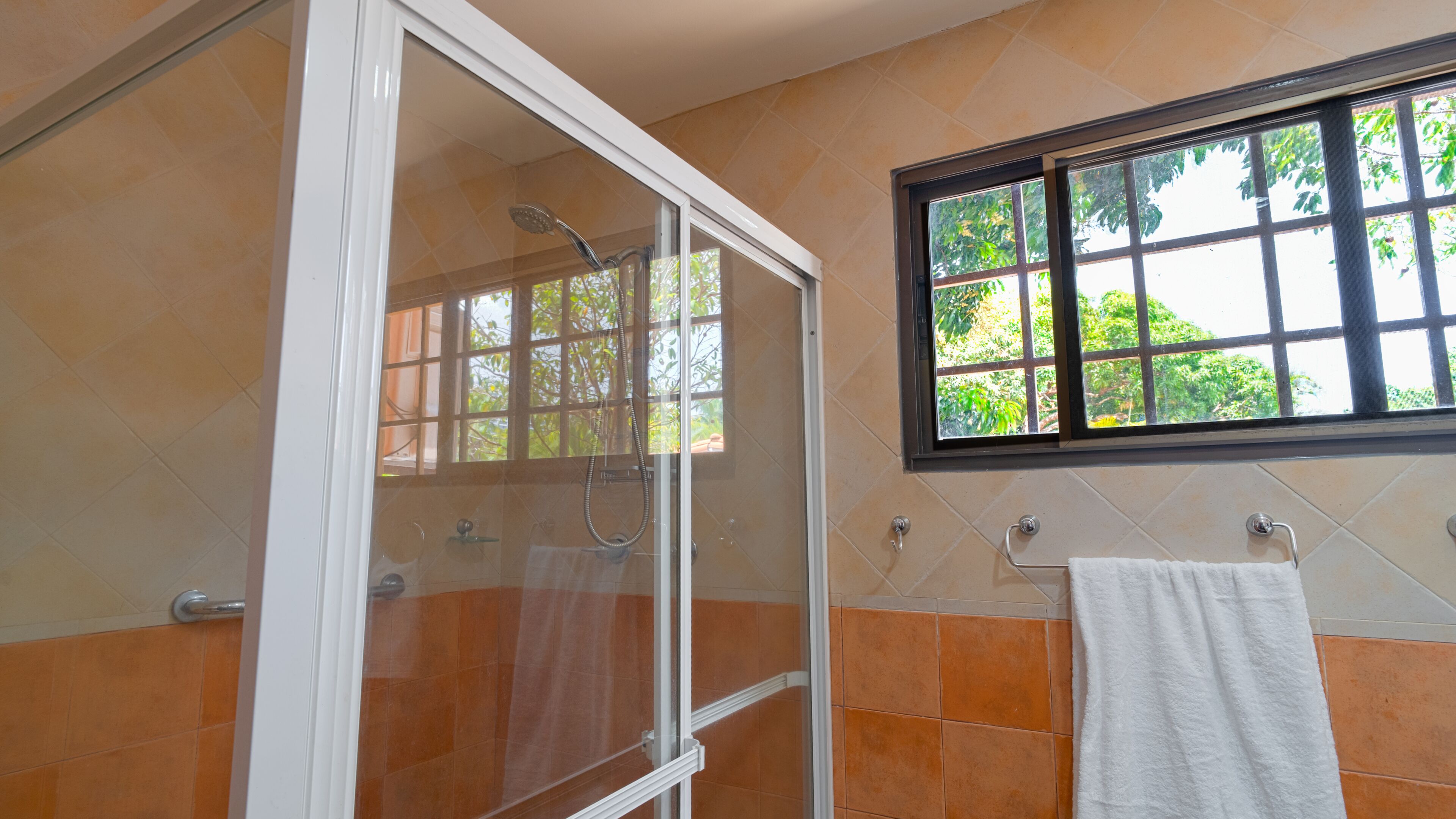 Regadera, toallas, jabón, papel de baño 