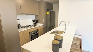 Full-sized fridge, microwave, oven, cookware/dishes/utensils