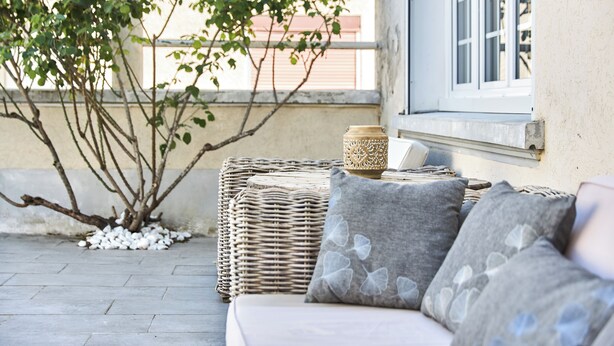 A wicker sofa with cushions, a decorative vase, and a small tree with white flowers.