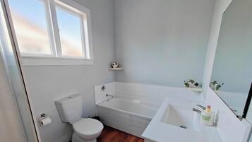 Hair dryer, towels, soap, toilet paper