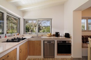A modern kitchen with a large window, built-in appliances, and a view of the outdoors. - Charming sea view private villa in Kato Korakiana, Corfu, 
quiet green area . (Kato Korakiana)