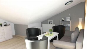A modern loft apartment with a dining area, a sofa, and a white cabinet. - Ferienwohnung in Orth auf Fehmarn (Orth)