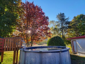 Ein Whirlpool, umgeben von Bäumen mit Herbstlaub, eine Holzterrasse und ein Schuppen.