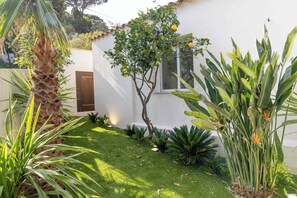 Un bâtiment blanc avec un petit arbre, une fenêtre et une porte.