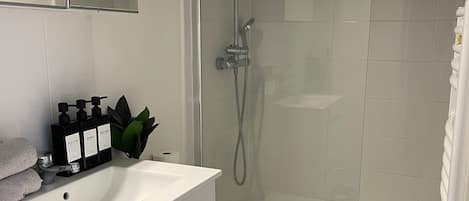 Shower, hair dryer, towels, soap