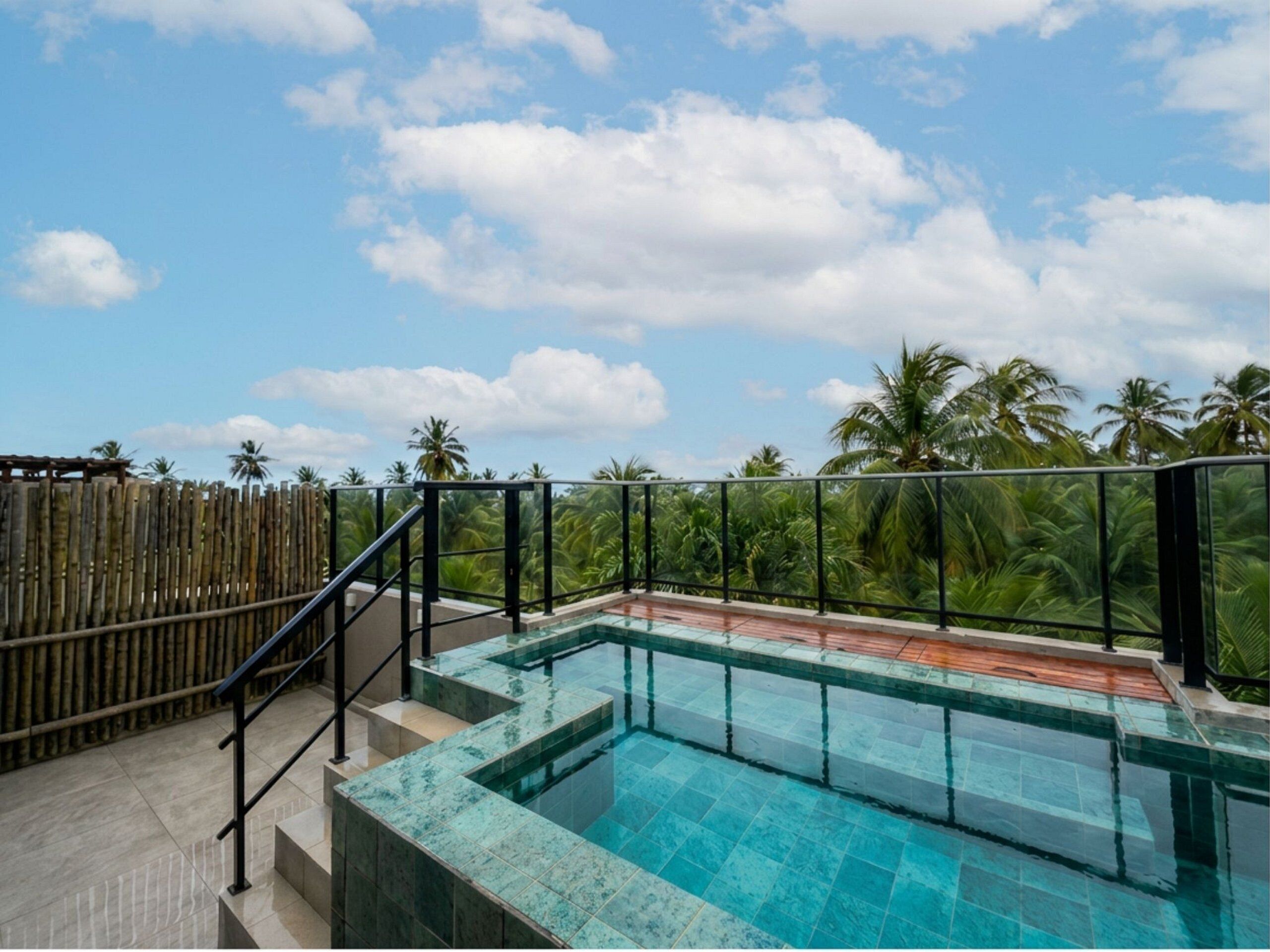 Una piscina en la azotea con vistas despejadas a palmeras y un cielo azul.