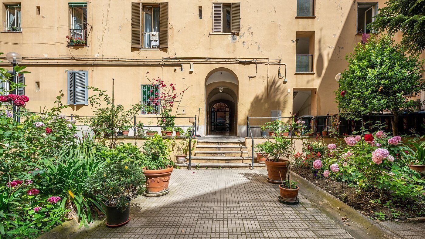 A courtyard with potted plants and a building entrance.