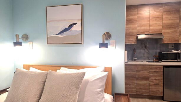 Une chambre d’hôtel avec un lit, un tableau, une armoire en bois, un four à micro-ondes et un lavabo.