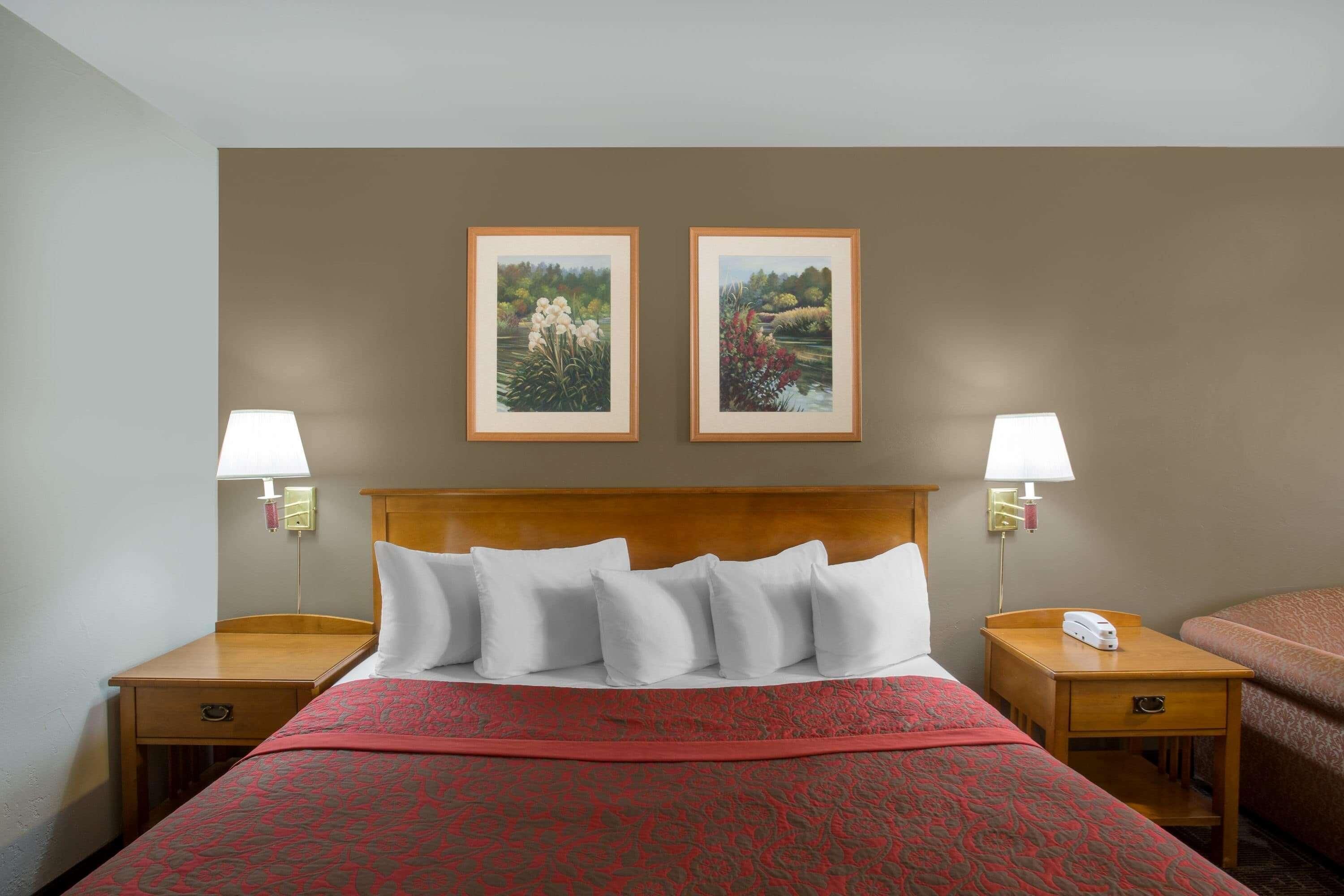 A hotel room with a wooden headboard, a red patterned bedspread, two framed landscape paintings, a bedside table with a lamp, and a telephone.
