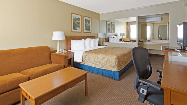 Quarto de hotel com cama, sofá, escrivaninha, cadeira, televisão e espelho.