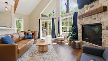 TV, fireplace, DVD player, books