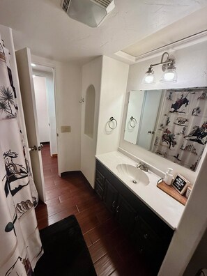 Hair dryer, towels, soap, toilet paper
