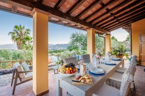 An outdoor dining area with a table set for a meal, surrounded by wicker chairs, and overlooking a scenic landscape. - Villa Near Lucca With Vineyard Views (Lucca)
