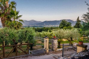 A gated property with a view of distant mountains and a cityscape. - Villa Near Lucca With Vineyard Views (Lucca)