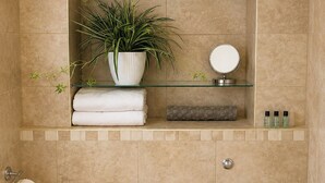 A bathroom with a toilet, a trash bin, a toilet paper holder, a sink with a mirror, a glass shelf with a plant, and a towel rack. - Raven Suite - 4 | Central Location (Shropshire)