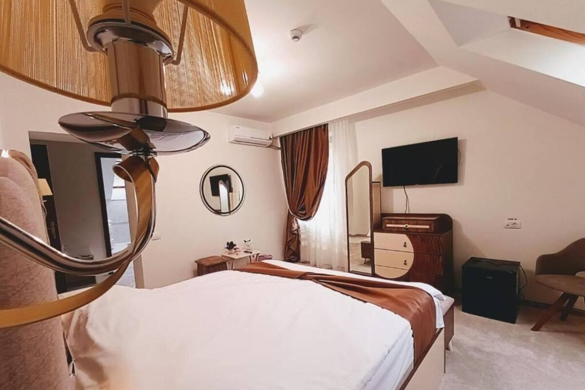 Habitación de hotel con cama, escritorio, silla, televisor, espejo y ventilador de techo.