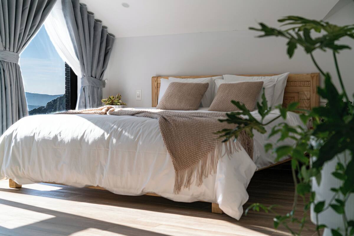 Un dormitorio con cama, cortinas, vistas y una planta.