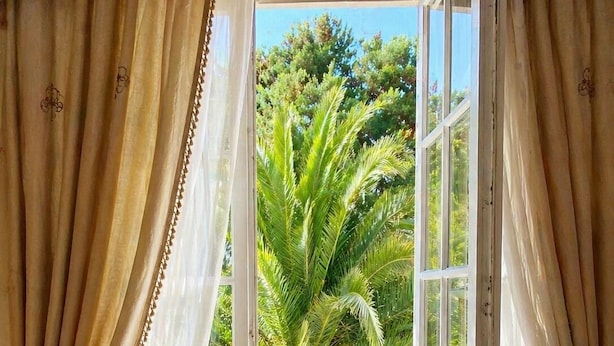 An open door with a view of a balcony and a palm tree. -  Super Cannes villa D Aurus (Vallauris)