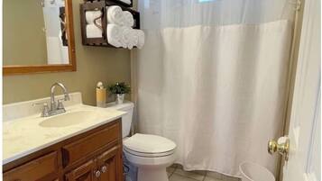 Shower, hair dryer, towels, toilet paper