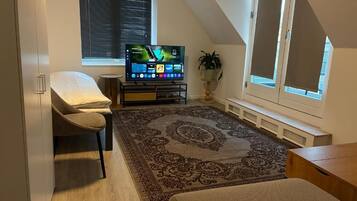 A bedroom with a bed, a TV, a desk, a chair, a window, and a plant.