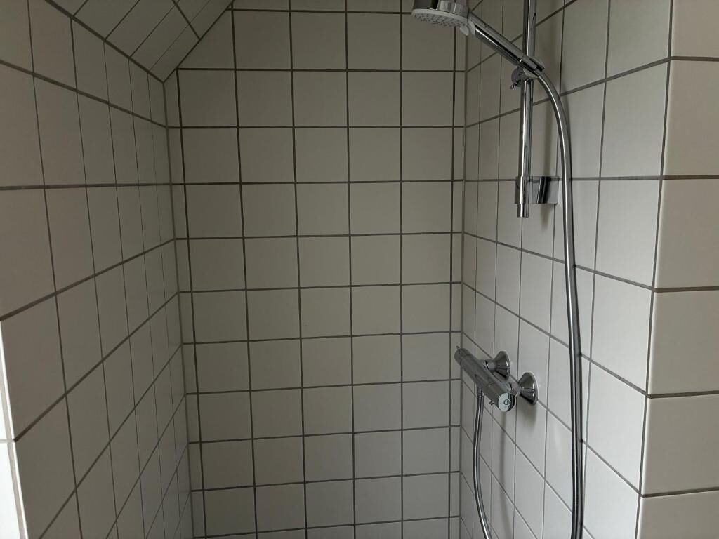 Une zone de douche carrelée, équipée d’un pommeau de douche à main et d’un robinet mural.
