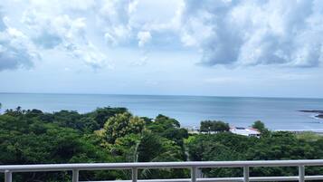 Ein Balkon mit Blick auf das Meer und üppige Vegetation.