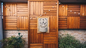 Pared de madera con un relieve de piedra, luces colgantes y plantas en macetas.