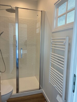 Shower, hair dryer, towels, toilet paper