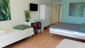 Een hotelkamer met twee bedden, een bureau, een televisie, een kledingkast en een potplant.