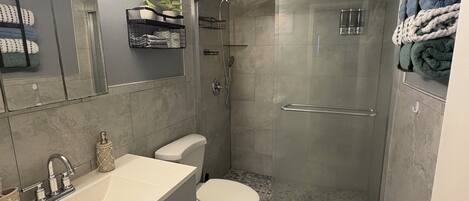A bathroom with a shower, toilet, sink, and a mirror with lights.