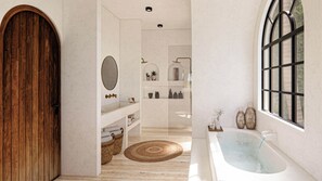 A modern bathroom with a wooden door, a large mirror, a bathtub, shelves with toiletries, and a window with a view. - Casa Akubali | Private Jungle Sanctuary Estate (Tulum)