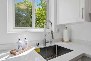 Eine moderne Küche mit Spüle aus Edelstahl, einem Fenster mit Blick auf Bäume und zwei Flaschen mit den Aufschriften 'DISH' und 'HAIR'.