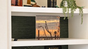 Una libreria con libri, un quadro incorniciato e oggetti decorativi.