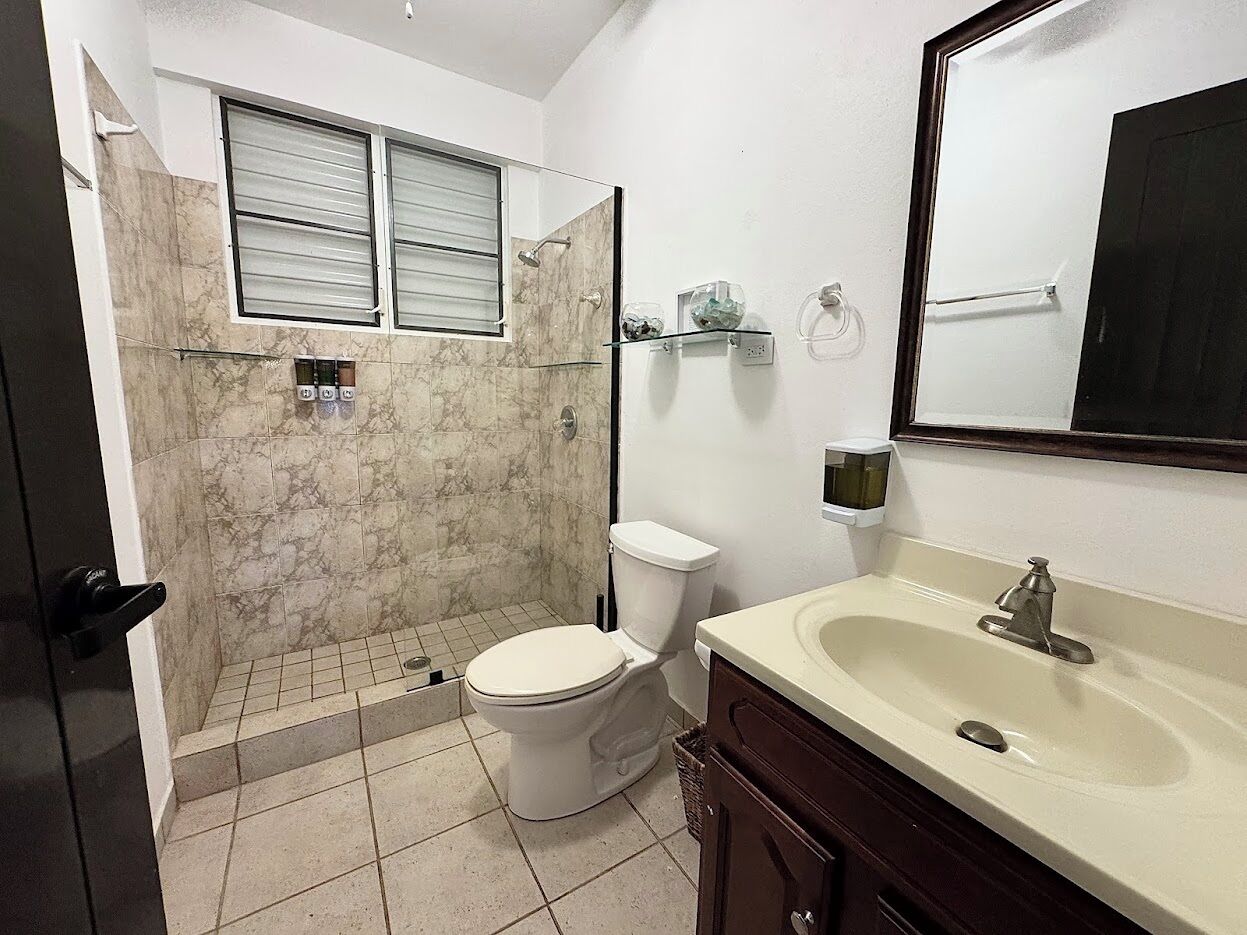 A bathroom with a shower, toilet, sink, and mirror.