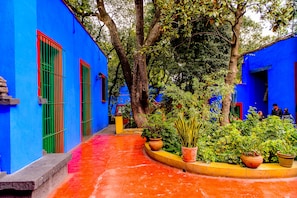 A narrow alleyway with vibrant blue walls, a curved red-tiled path, and potted plants. - Beautiful house in the heart of Coyoacan, 3BR, private garden and terrace (Ciudad de México)