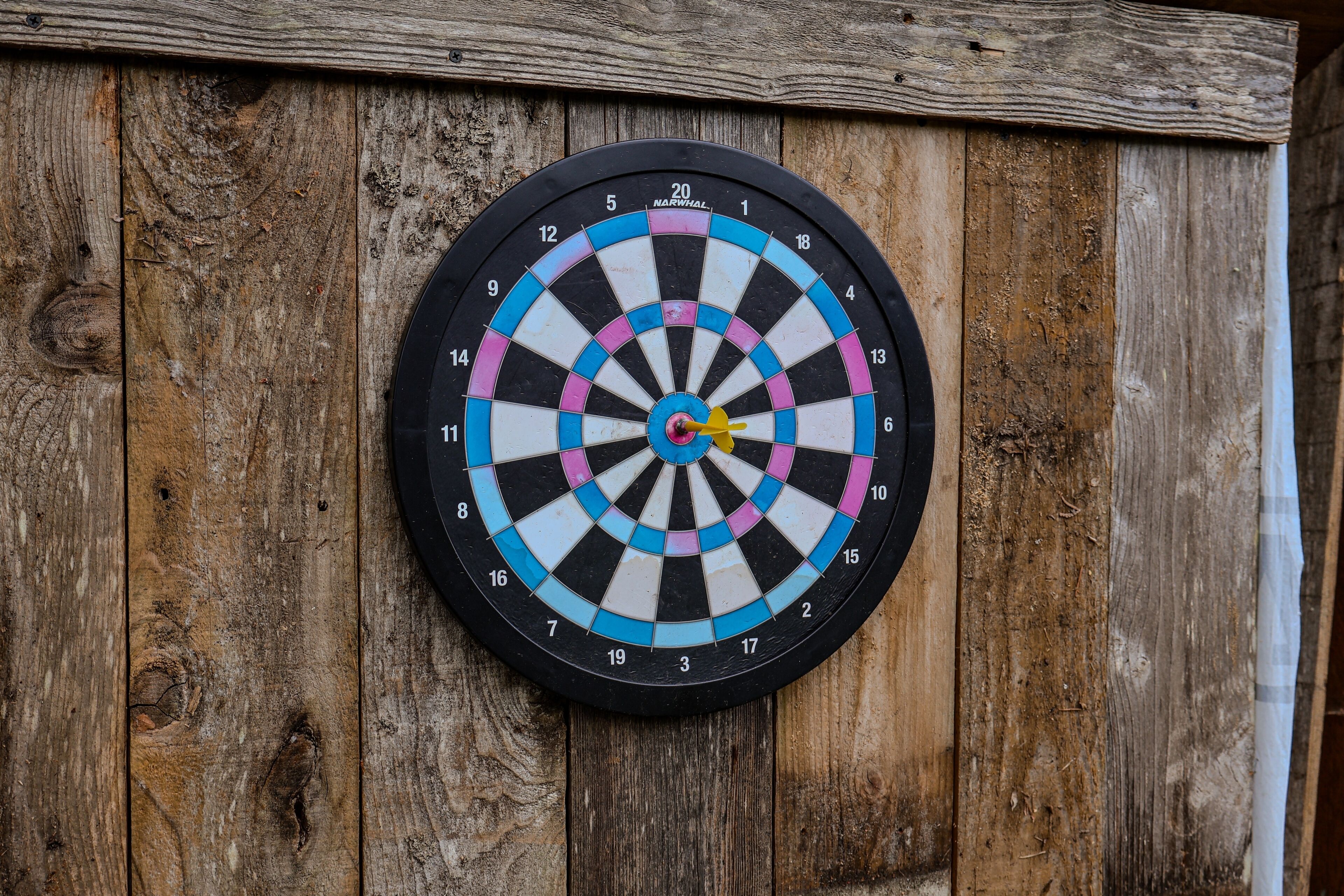 Eine Dartscheibe an einer Holzwand.