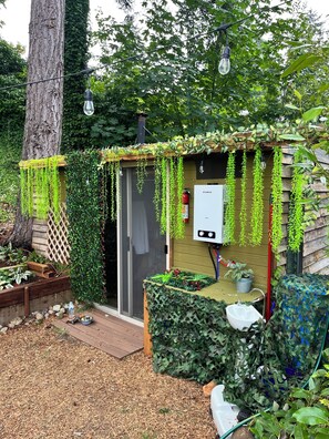 A small outdoor structure with a wooden door, a power outlet, and hanging plants.