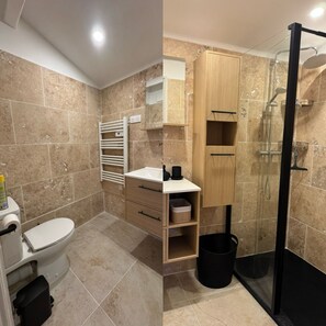 Dusche, Haartrockner, Handtücher, Seife