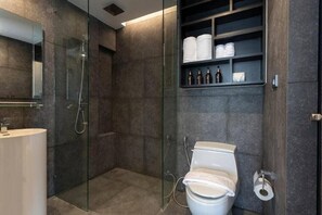 Hair dryer, towels, soap, toilet paper
