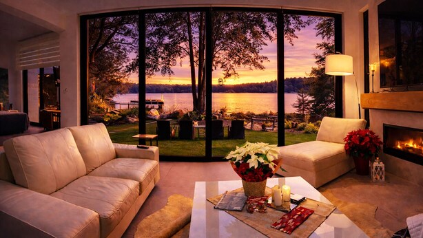A modern living room with a large window overlooking a lake at sunset, a fireplace, and a cozy seating area.