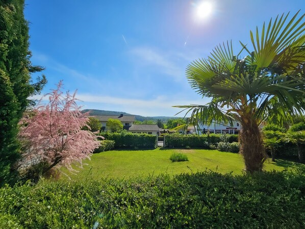 Un jardin bien entretenu, avec une variété de plantes, un palmier et, au fond, un bâtiment doté d’un toit en tuiles.