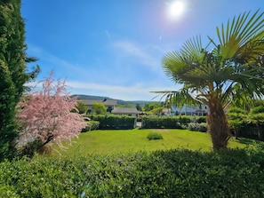 Un jardin bien entretenu, avec une variété de plantes, un palmier et, au fond, un bâtiment doté d’un toit en tuiles.