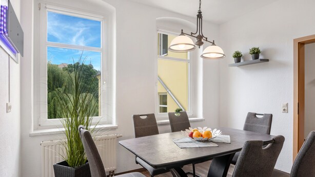 A dining area with a table, chairs, a potted plant, and a view of a building outside. - [G2] Apartment for 6 People (75m²) in Gera (Gera)